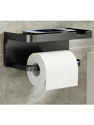 MSP Telefon Bölmeli Yapışkanlı Tuvalet Kağıtlığı - Delme Gerektirmeyen Raflı Siyah Banyo Aksesuarı (18X10 Cm)