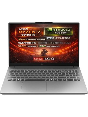 MSP Loq 15ARP10E Amd Ryzen 7 7735HS 16GB 1tb SSD Rtx 3050 6gb 15.6" Fhd (1920X1080) IPS 144Hz Freedos Taşınabilir Bilgisayar 83S00032TR