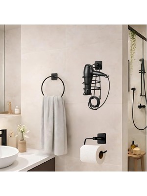 MSP Banyo Aksesuar Seti,yuvarlak Havluluk,fön Makinesi Askısı,tuvalet Kağıdı Tutucu, Delme Gerektirmez,vida Gerektirmez (Set2)
