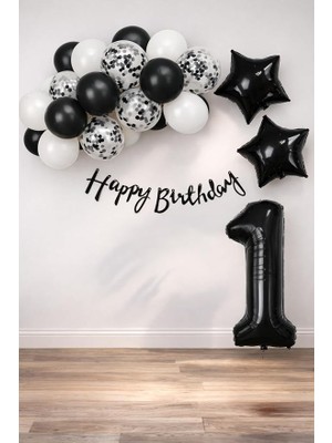 MSP Konsept 1 Yaş Doğum Günü Kutlama Seti; Beyaz Siyah Konfetili Balon, Rakam Yıldız Folyo ve Banner