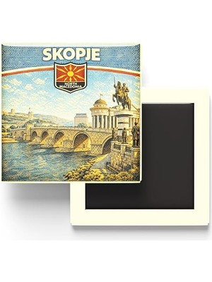 MSP Kuzey Makedonya Üsküp Şehri Temalı Vintage Buzdolap Magneti – 9x9 cm