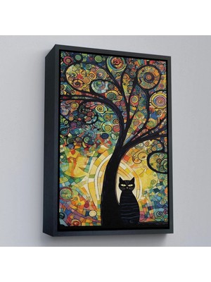 Uslucan Alışveriş Ahşap Çerçeveli Ağaç Altındaki Siyah Kedi TABLOSU-7899
