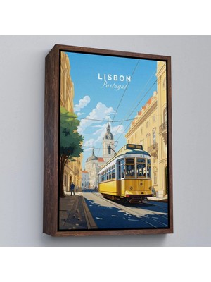 Uslucan Alışveriş Ahşap Çerçeveli Portekiz Lizbon Sarı Tramvay TABLOSU-7972