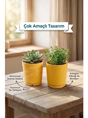 2’li Seramik Saksı (Kalemlik,fırçalık,masa Organizeri) / Modern Dekoratif El Yapımı Tasarım (Sarı)