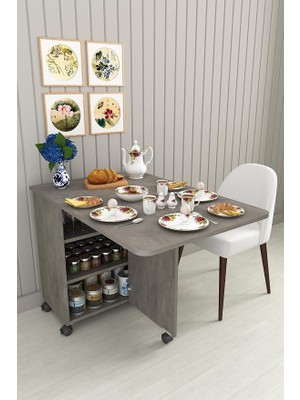 Trend Retro Gri Desen Ma-01 Katlanabilir Mutfak Adası Tekerlekli Açılır Yemek Masası Kapaklı Kiler DOLABI%100 Mdflam Çok Amaçlı Mutfak Dolabı