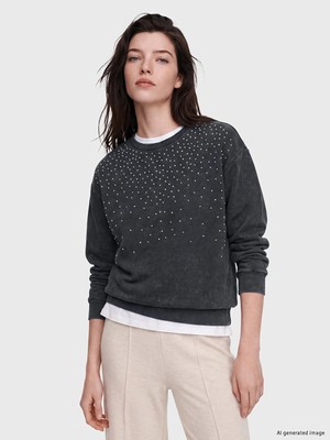 Lc Waikiki Yeni Sezon Mavi Bisiklet Yaka Taşlı Kadın Sweatshirt