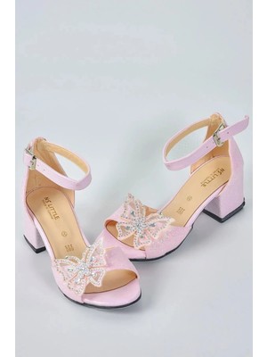 NeSe Shoes Kelebekli Kız Çocuk Topuklu Ayakkabı, Simli, Şık, Yeni Sezon, Abiye Ayakkabı Pembe
