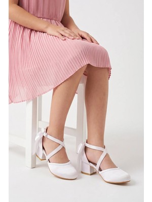 NeSe Shoes Önden Çapraz Bantlu Kız Çocuk Topuklu Ayakkabı, Abiye Ayakkabı, Yeni Sezon, Pırıltılı — Beyaz