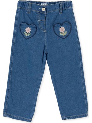 Hellobaby Kız Bebek Denim Pantolon Çiçek Baskılı Düğmeli Reçme
