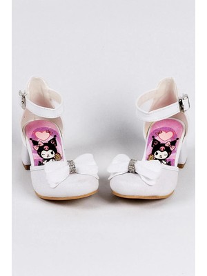 NeSe Shoes Kız Çocuk Karakter Baskılı Topuklu Ayakkabı, Simli Fiyonklu Abiye Ayakkabı — Ekru