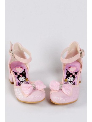 NeSe Shoes Kız Çocuk Karakter Baskılı Topuklu Ayakkabı, Simli Fiyonklu Abiye Ayakkabı — Pembe