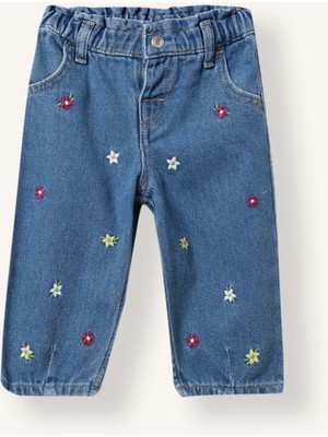 DeFacto %100 Pamuk Çiçek Nakışlı Beli Lastikli Baggy Fit Jean Pantolon Kız Bebek I5295A526WN