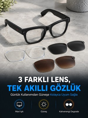 Astraltech Siyah Akıllı Kamera Gözlüğü Fotoğraf Video Çekimli Bluetooth Aramalı Aı Destekli 3 Değiştirilebilir Lensli