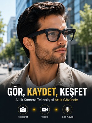 Astraltech Siyah Bluetooth Akıllı Kamera Gözlüğü Fotoğraf Video Ses Kayıtlı Aı Sesli Asistanlı Manyetik Şarjlı 3 Lensli