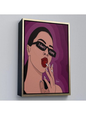 Uslucan Alışveriş Ahşap Çerçeveli I Don't Care - Umrumda Değil Yazan Pop Art Kadın TABLO-7681