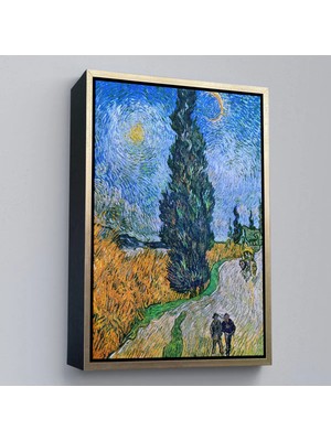 Uslucan Alışveriş Ahşap Çerçeveli Vincent Van Gogh - Selvili ve Yıldızlı Yol Tablo - Road With Cypress And STAR-7443