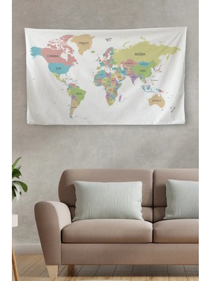 Uslucan Alışveriş Duvar Örtüsü / Halısı Kanvas Kumaş Pastel Dünya Haritası -3957