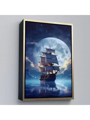 Uslucan Alışveriş Ahşap Çerçeveli Gece Denizdeki Yelkenli TABLOSU-7933