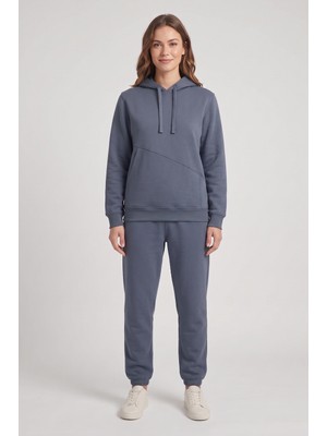 Machi Makiteks Füme Koyu Gri Kadın 3 Iplik Şardonlu Asimetrik Kesik Cepli Kapüşonlu Paçası Lastikli Eşofman Takımı - Sweatshirt ve Eşofman Altı Ikili Takım