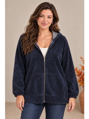 Rmg Yumuşak Kadife Tuşeli Fermuarlı Büyük Beden Sweatshirt Lacivert