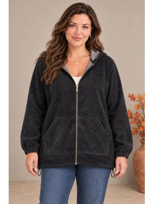 Rmg Yumuşak Kadife Tuşeli Fermuarlı Büyük Beden Sweatshirt Siyah