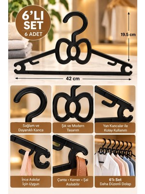 Kitchen Line 6’lı Fiyonk Tasarımlı Slim Elbise Askısı – Pantolon, Gömlek ve Elbise Için Çok Amaçlı Siyah Plastik