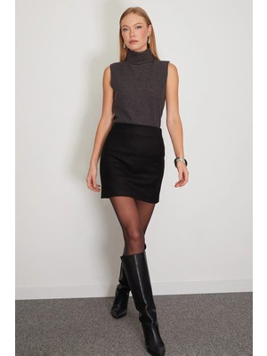 FullaModa Beli Lastikli Mini Boy Kaşe Etek