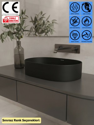 Thorax Flora Granit Çanak Banyo Evyesi, Leke ve Çizilmeye Dayanıklı Tezgah Üstü Modern Banyo Lavabosu, Sınırsız Renk Seçenekli