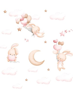 Arterior Wallpaper Pembe Bulutlar Bunny Çocuk Odası Poster Duvar Kağıdı