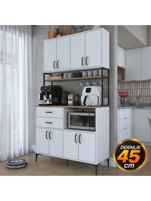 Rani JE209 Çok Amaçlı Dolap 8 Kapaklı 2 Çekmeceli Raflı Kiler Mutfak Dolabı Beyaz - Sepet Ceviz