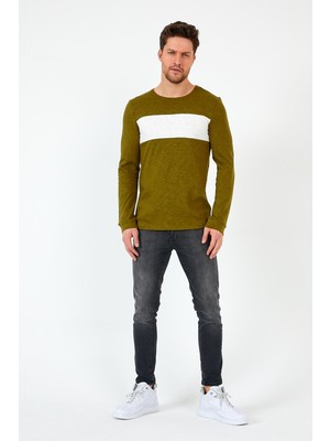 Mmetalic Haki Unisex Regular Fit Bisiklet Yaka Uzun Kollu  Şeritli Sweat