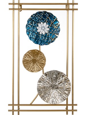 Herdekora Metal Tablo Çiçek Desenli 3 Boyutlu Modern Mavi-Gold-Gümüş 30X50 Cm.