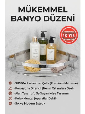 Banyom Home Paslanmaz Çelik SUS304 Kalite Zerrin 1'li Şampuanlık Banyo Rafı- Krom Renk