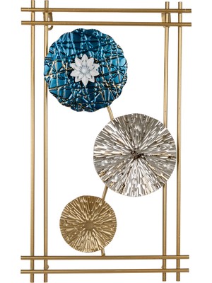 Herdekora Metal Tablo Çiçek Desenli 3 Boyutlu Modern Mavi-Gold-Gümüş 30X50 Cm.