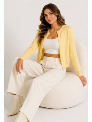 Blouse Kadın Sarı Mevsimlik Biskilet Yaka Düğmeli Hırka