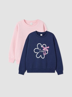 Lc Waikiki Yeni Sezon Lacivert Çiçek Baskılı Kız Çocuk Sweatshirt 2'li