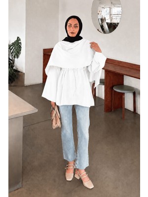 Lamelif Şallı Bağlama Detaylı Tunik Beyaz