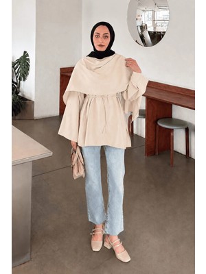 Lamelif Şallı Bağlama Detaylı Tunik Krem