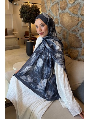 Lamelif Vintage Flower Desen Bambu Şal Antrasit