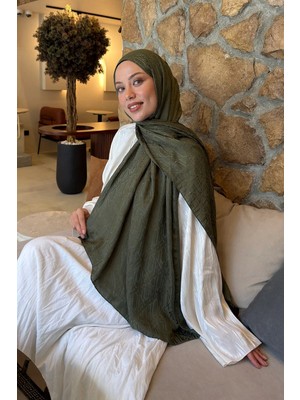 Lamelif Etnik Desen Ayrobin Floş Jakar Şal Haki