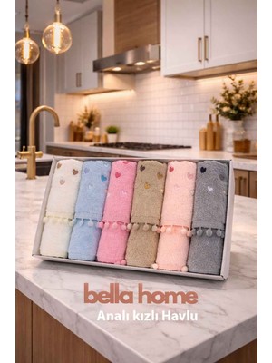 Bella Home Analı Kızlı Ponponlu 12\'li Havlu Seti | %100 Pamuk | 6 Adet Mutfak + 6 Adet El Havlusu