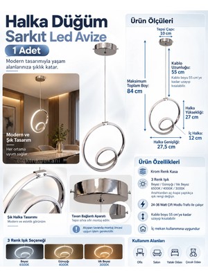 Dmr Halka Düğüm Sarkıt LED Avize Krom Kasa 30W 220 Volt Üç Renk 6500K/4000K/3000K (Beyaz /ılık Beyaz/sarı (Günışığı)