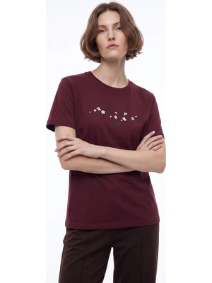 Jeep Bordo Kadın Bisiklet Yaka Relaxed Nakışlı T-Shirt J6WL-TST7081