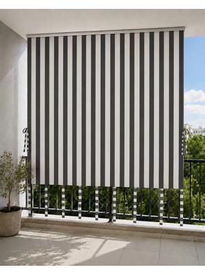 Utku Tekstil Gri Beyaz Balkon Perdesi Üst Kornişli, Bağcıklı, Güneş ve Rüzgar Koruyucu Dış Mekan Perdesi