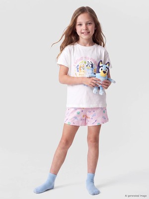 Lc Waikiki Yeni Sezon Ekru Bluey Baskılı Kız Çocuk Şortlu Pijama Takımı