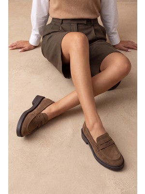 Marjin Kadın Loafer Günlük Klasik Ayakkabı Casual Makosen Fonle Tütün Kahve Süet