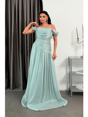 Giyimmasalı Organze Şifon Büzgü Detaylı Abiye Elbise - Mint YEŞİLİ-GYM-2229-1