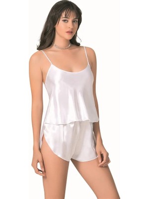 Aria's Closet Şık Tasarım Yumuşak Dokulu Beyaz Saten Babydoll Şort Takımı - SHN5A2914-1481