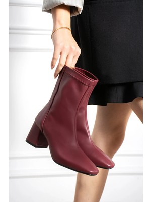 Dabab Shoes Azra Kadın Bordo Streç Cilt Kare Burun Arka Fermuarlı 6 cm Kalın Topuklu Bot Bootie
