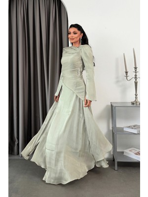 Giyimmasalı Organze Kumaş Tasarım Tesettüre Uygun Elbise - Mint YEŞİLİ-GYM-0009